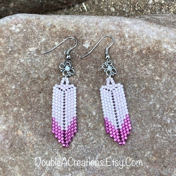Pink Feather Beaded Earrings, New, Handmade by Me - Picture 3 of 8
